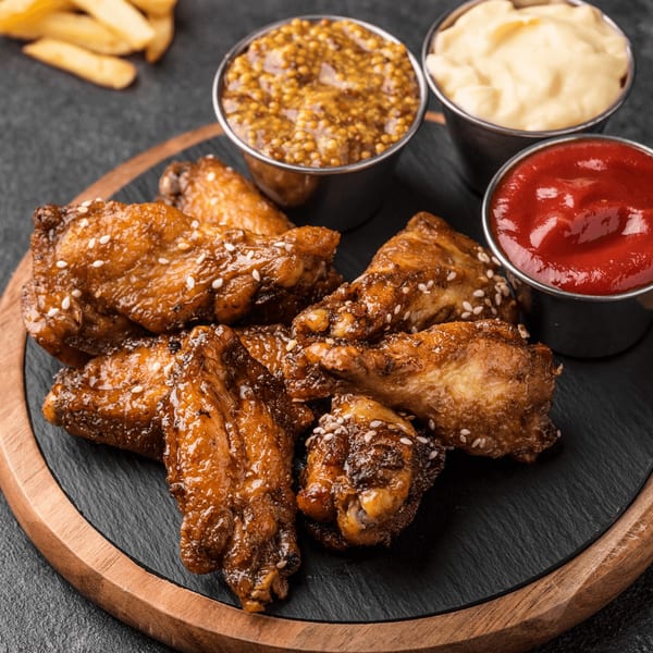 Valley Pizza's glazed chicken wings with sesame seeds, served with three dipping sauces and fries.