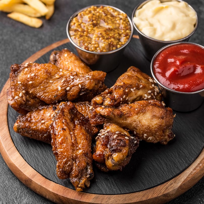 Valley Pizza's glazed chicken wings with sesame seeds, served with ketchup, mayonnaise, and mustard.