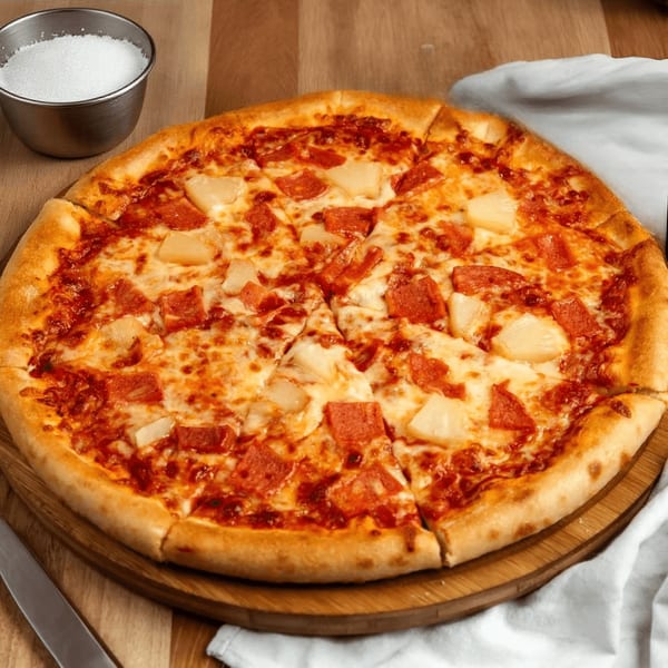 Valley Pizza's pepperoni and pineapple pizza, sliced on a wooden board with a side of salt.